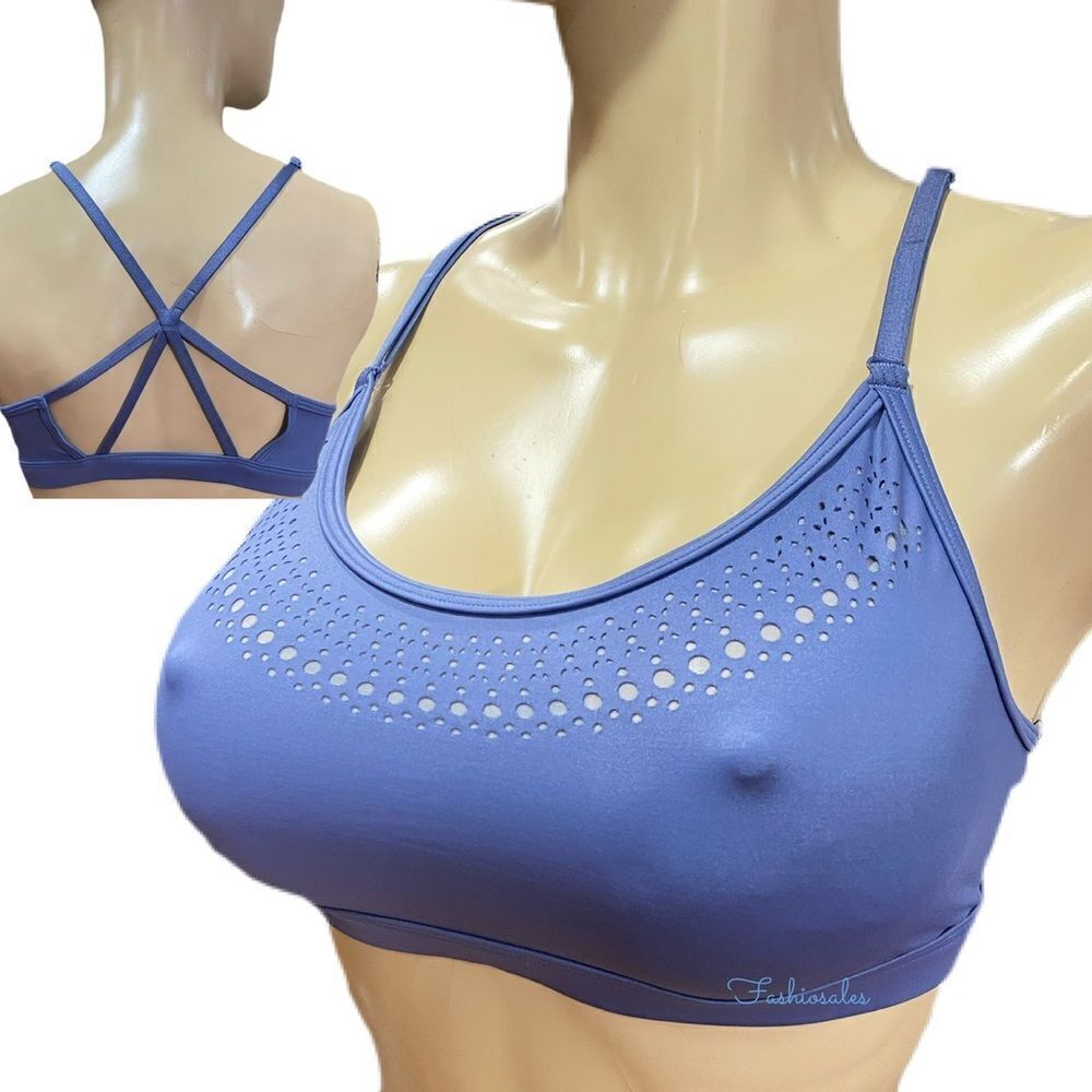 Victorias Secret Wet Look Sexy Strappy Unlined Laser cut Sport Bra blue large